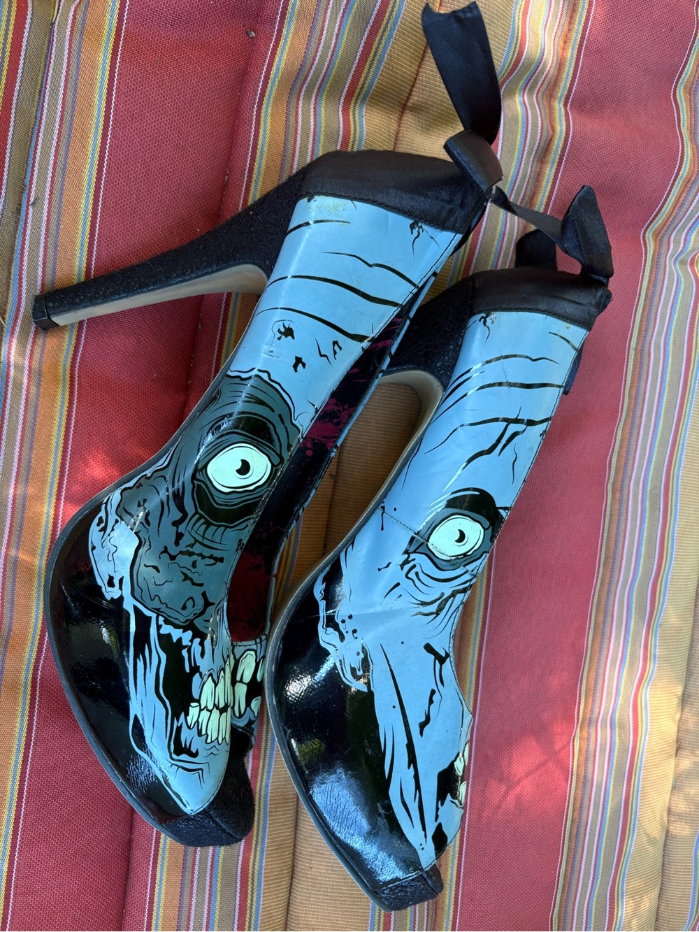 Iron Fist Black and Light Blue Peep-Toe Heels with Skull Graphic - Picture 3 of 5